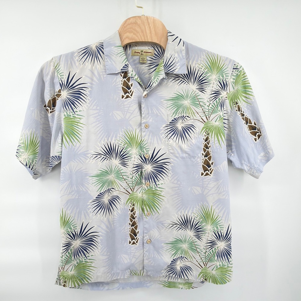 Tommy Bahama Button Front Shirt Mens L Blue Green Brown Silk Palm Tree Tropical